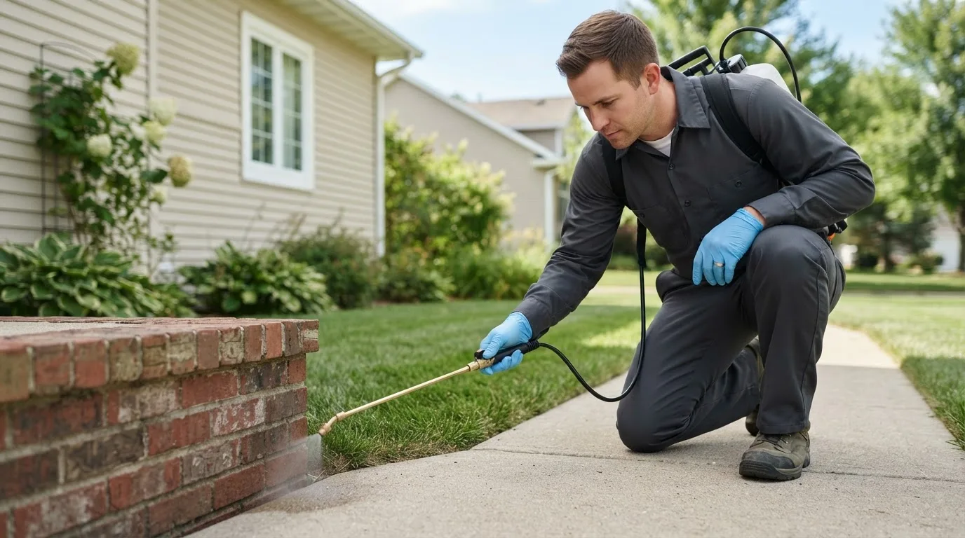 Pest control technician treating a home near King George, VA