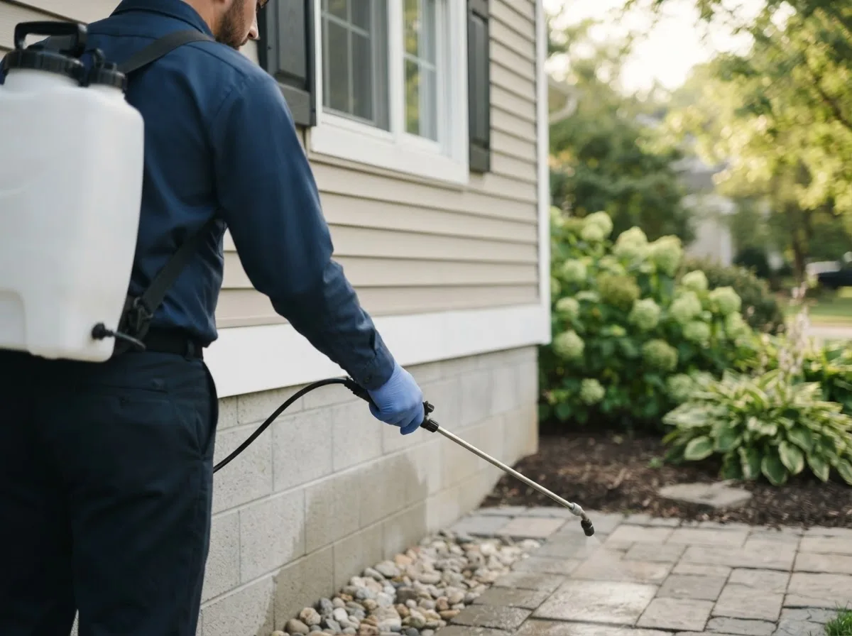 Pest control technician inspecting a home in King George, VA